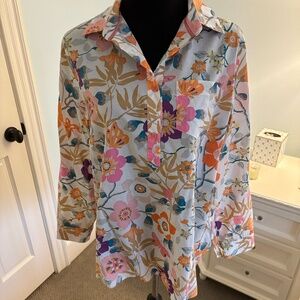 Jade Melody Tam White Floral 1/2 Cotton Popover Button Down Blouse, Size M